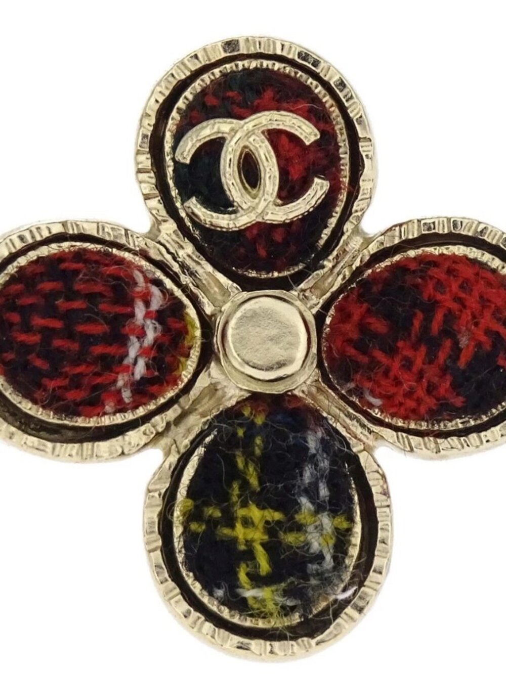 Chanel Ring Tweed Check Clover CC Gold Red #51 A13A 188570